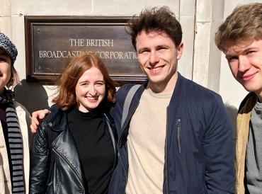 LAMDA students Ell Potter, Scarlett Courtney, Joe Rooney and Benjamin Bridson outside the BBC studios