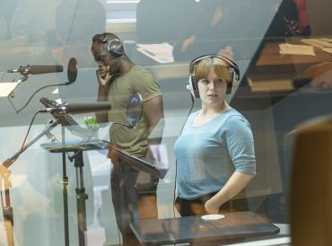 LAMDA students Ciara Wright and Ahmed Elhaj in the recording studio at Hide