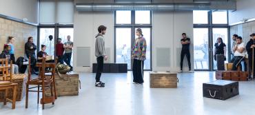 The cast of The Caucasian Chalk Circle in the rehearsal room
