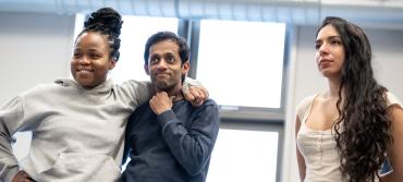 Three members of The Sewing Group’s cast in a rehearsal room