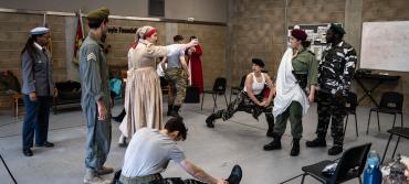 A group of MFA Professional Acting students rehearsing a scene in the Foyle Foundation studio for a production of Julius Caesar as part of the Shakespeare In Schools tour.