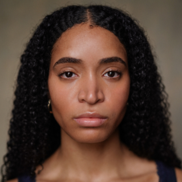 Close-up portrait of a woman with curly hair, looking directly at the camera with a neutral expression