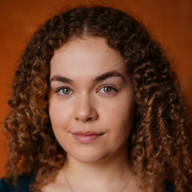 Close-up portrait of a woman with curly brown hair, smiling gently against an orange background