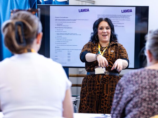 A practitioner stands at the front of a room leading a training course