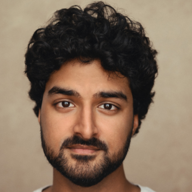 Close-up portrait of a young man with curly dark hair and a beard, looking directly at the camera