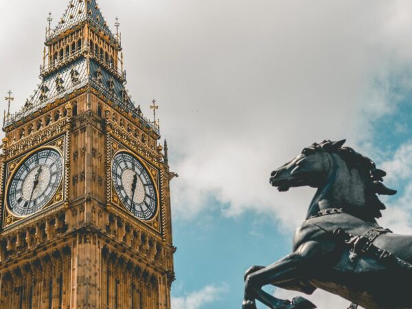Elizabeth Tower housing Big Ben, with the Boadicea and Her Daughters statue in the foreground