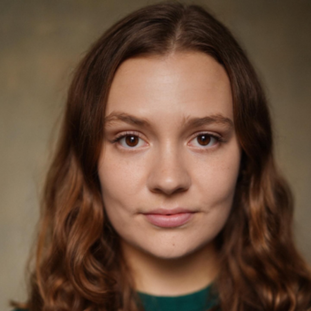 Portrait of a young woman with long wavy brown hair, looking directly at the camera