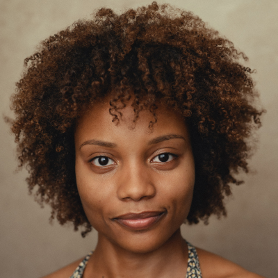 Close-up portrait of a woman with curly natural hair, looking directly at the camera with a slight smile
