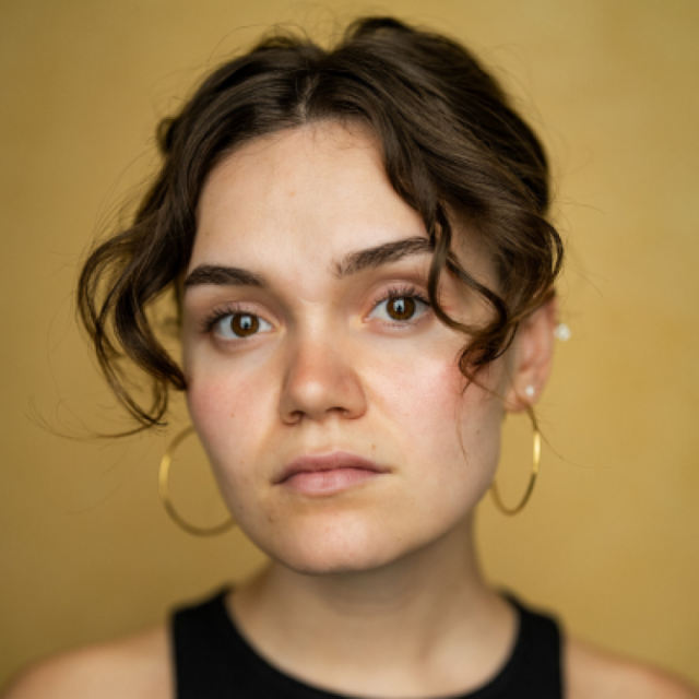 Woman with curly brown hair and gold hoop earrings looking directly at the camera