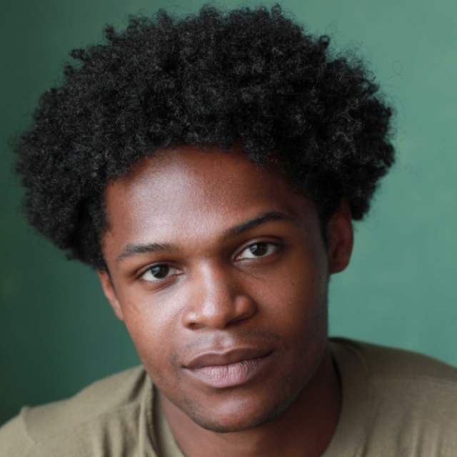 Close-up portrait of a young man with curly black hair, wearing an olive-green top, against a green background